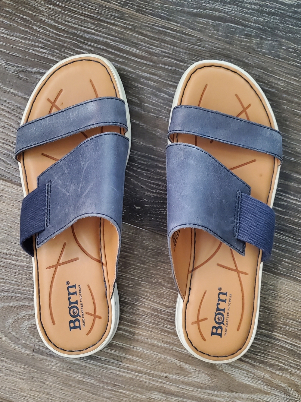 Born Women's Blue Leather/Fabric Dual-Strap Slide Sandals 7M